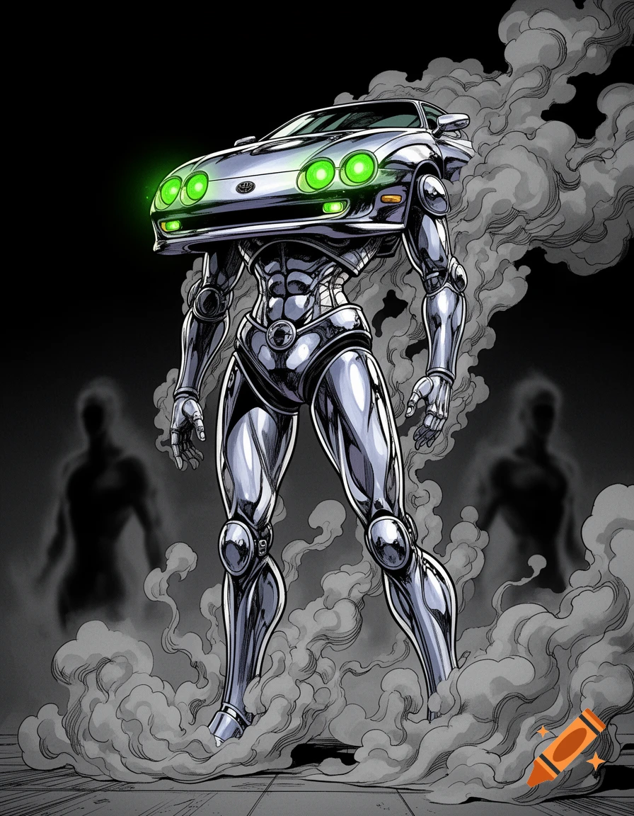 Anime-style chrome robot with a car hood head and glowing green headlights, standing in smoke with blurry figures in the background.