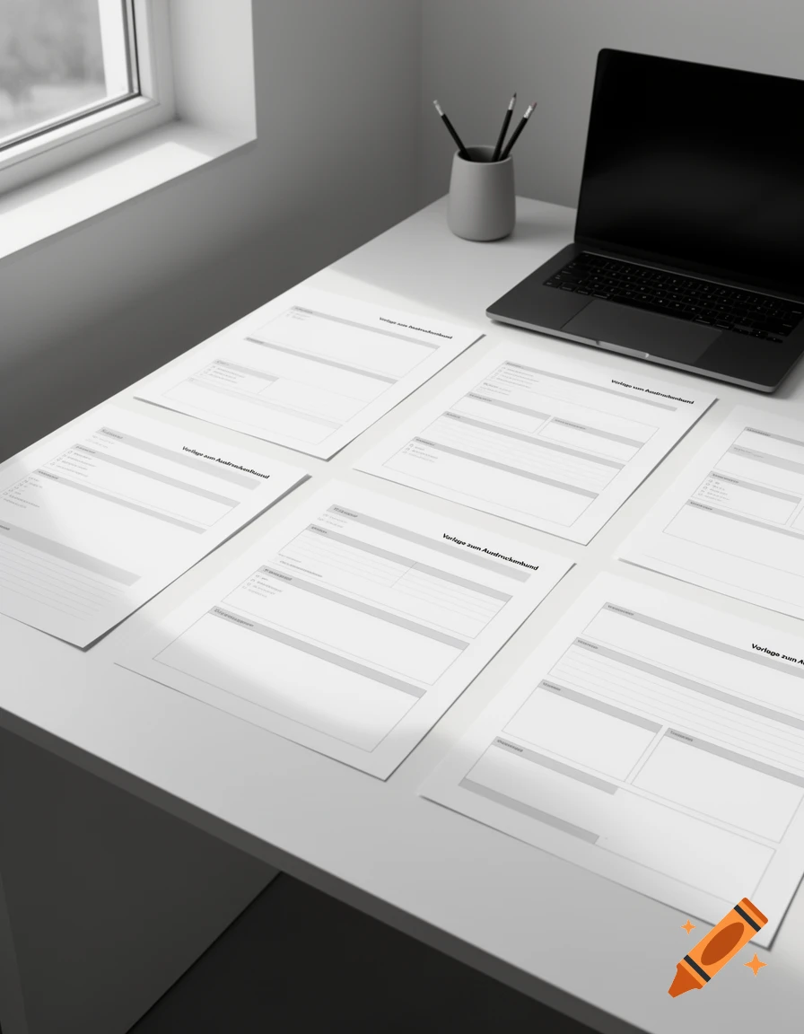 A minimalist black and white image of a desk with several documents, a laptop, and a pencil holder by a window.