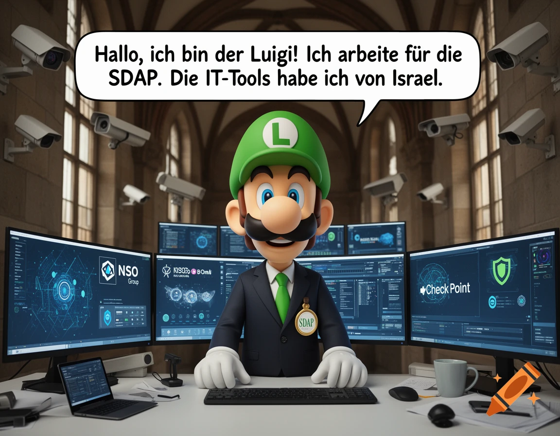 Luigi in a suit sits at a desk with multiple monitors displaying cybersecurity logos, surrounded by surveillance cameras. A speech bubble reads, "Hallo, ich bin der Luigi! Ich arbeite f ür die SDAP. Die IT-Tools habe ich von Israel."