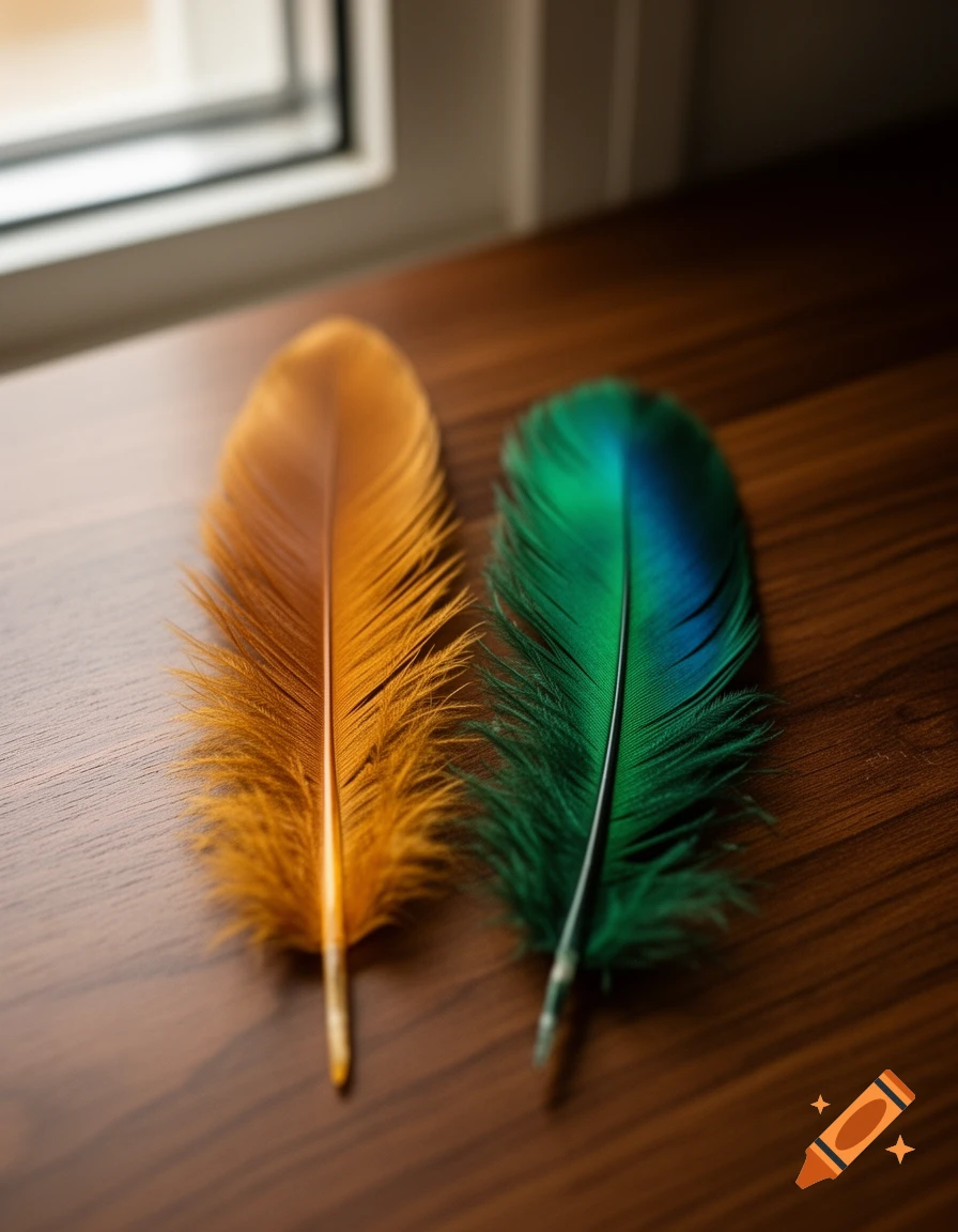 An amber-orange feather and an emerald green and blue feather lie on a warm wooden surface near a window.