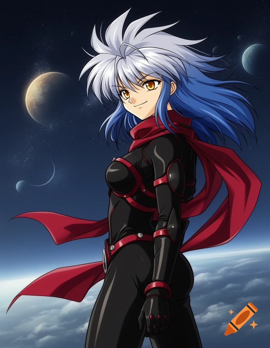 Anime character Ryoko with white and blue hair in a black suit and red scarf, stands above clouds with planets and stars in the night sky.