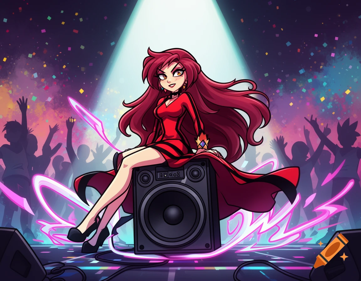 A vibrant anime-style character with long red hair and a red dress sits on a speaker on a stage, bathed in a spotlight with a cheering crowd silhouette and confetti in the background.