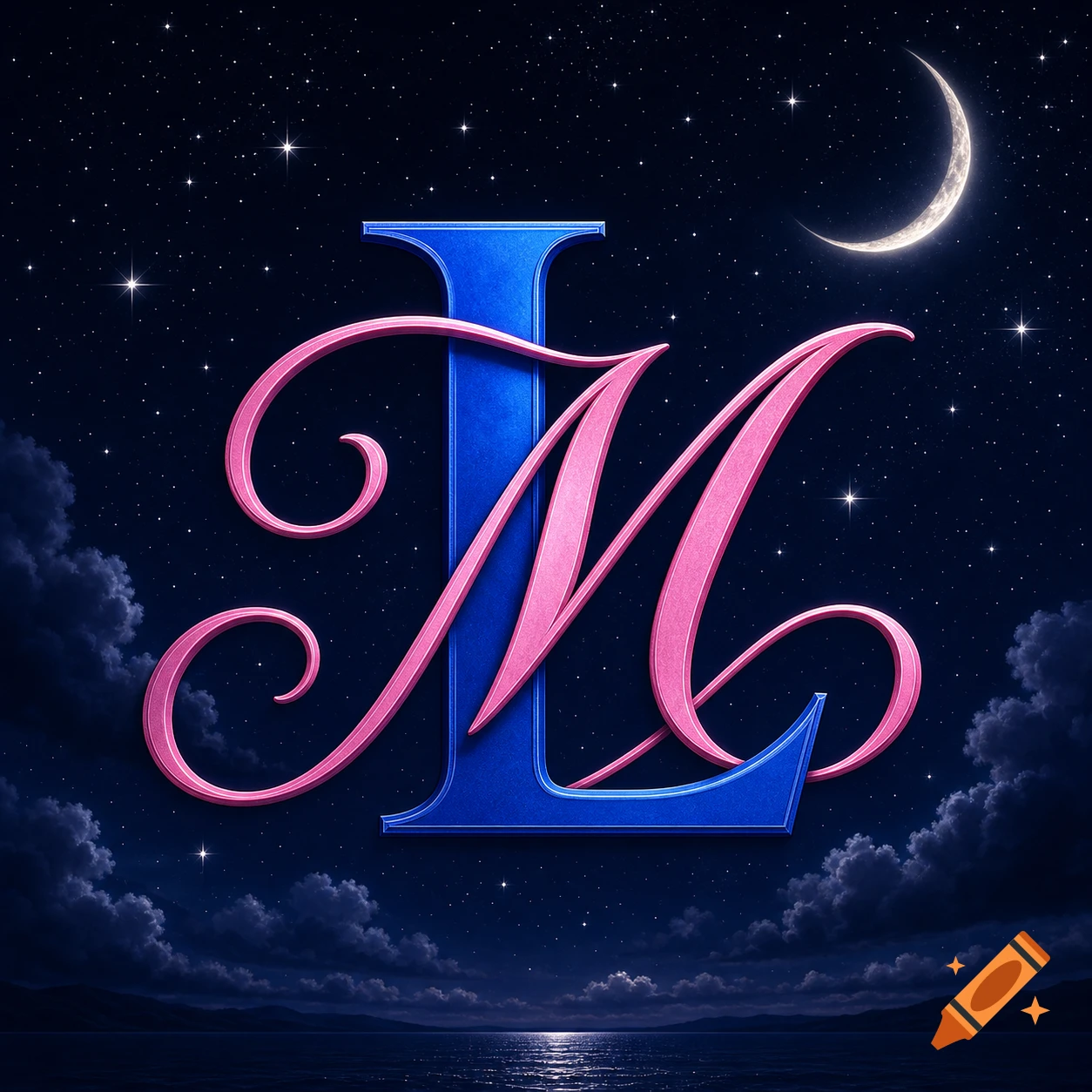Blue block capital L and pink cursive capital M interlaced against a starry night sky with a crescent moon over water.
