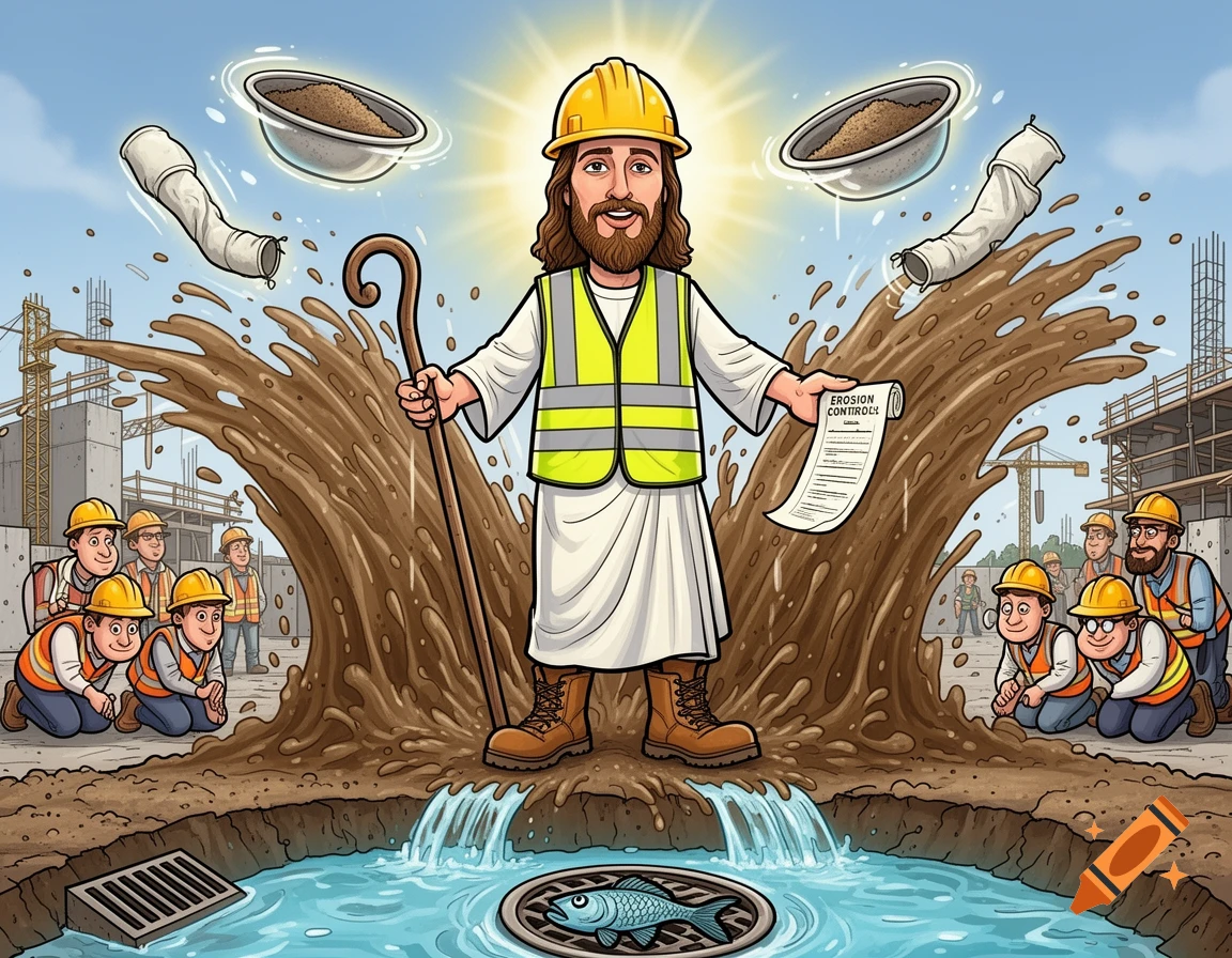 Cartoon of 'Stormwater Jesus' in a hard hat and vest, parting dirty water at a construction site, holding a staff and erosion permit, with workers bowing.