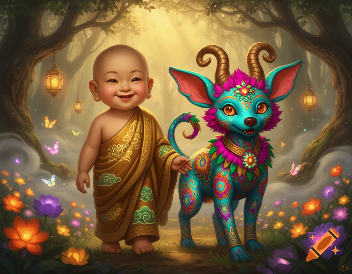 A joyful baby-like figure in golden robes walks with a vibrant, horned alebrije creature in a magical forest with glowing flowers.