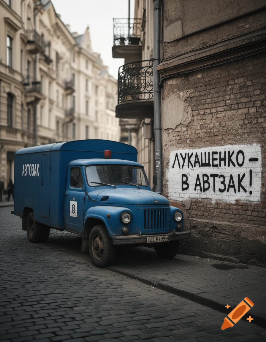 A blue police van is parked on a cobblestone street. Graffiti on a brick wall reads 'Lukashenko - into the autozak!'.