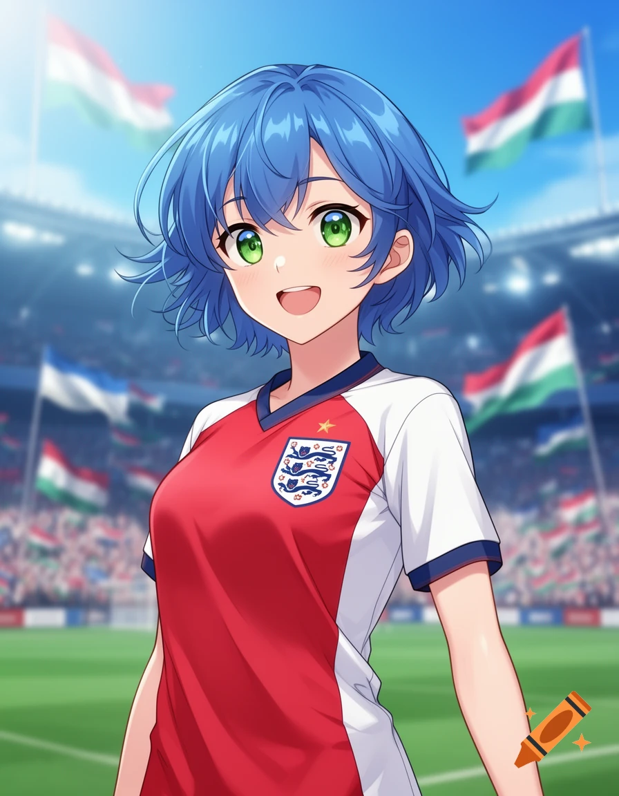 Anime girl with blue hair and green eyes, smiling in an England soccer jersey in a stadium with flags.