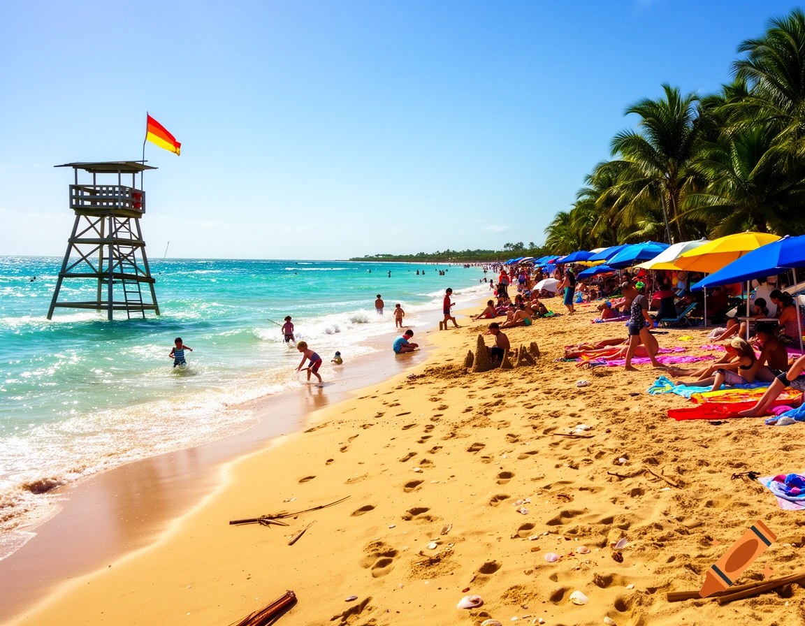 A vibrant, crowded beach scene with people swimming, sunbathing, and playing on the sand, with a lifeguard tower in the ocean and palm trees lining the shore under a clear blue sky.
