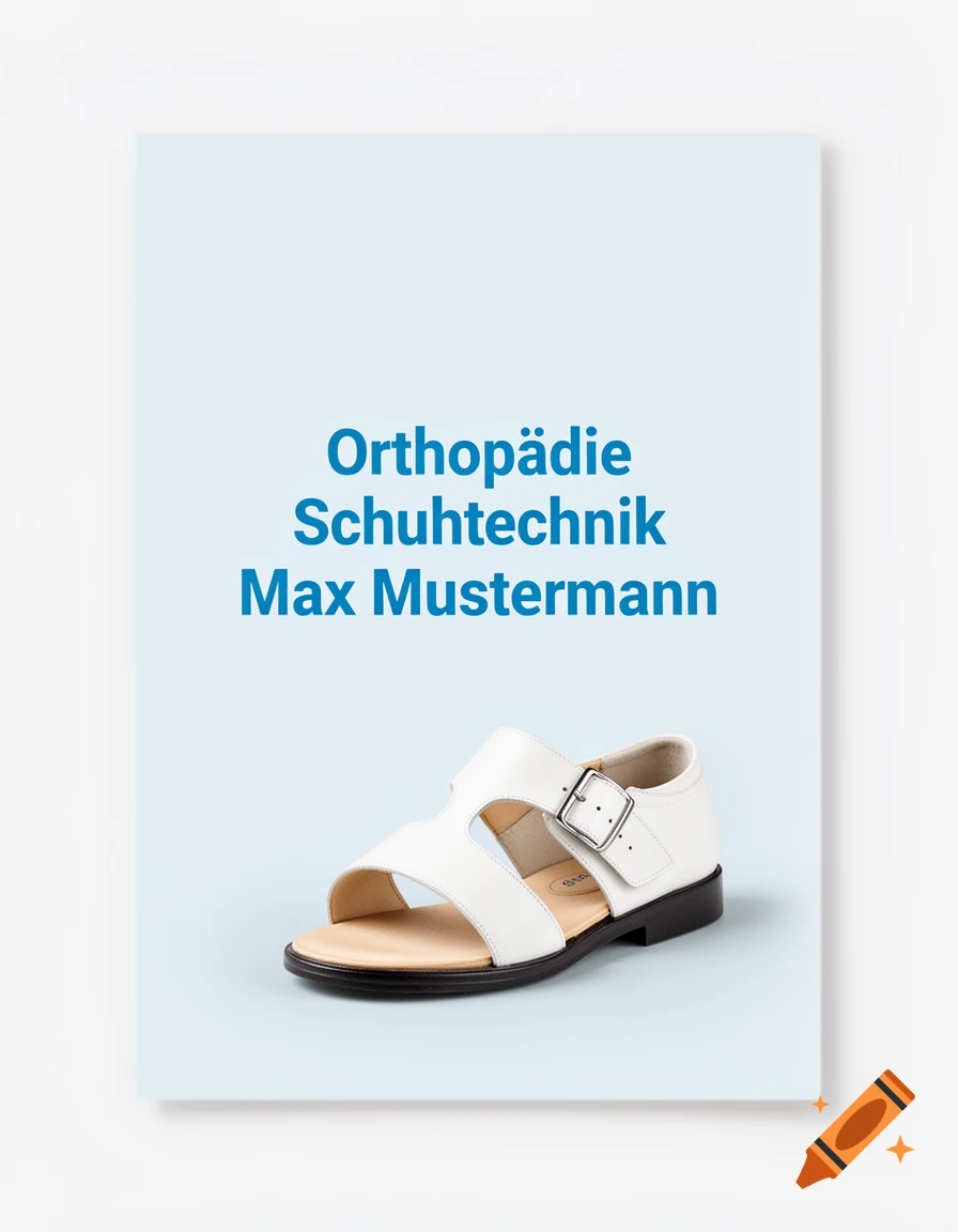 White orthopedic sandal on a light blue background, with 'Orthopädie Schuhtechnik Max Mustermann' text above it.