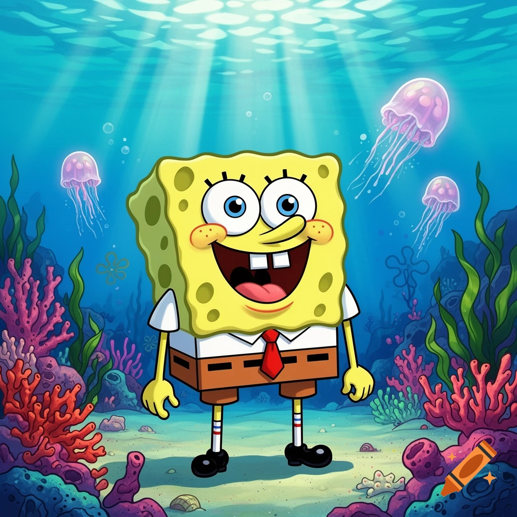 Spongebob Squarepants happily stands on the seabed surrounded by colorful coral and jellyfish in a vibrant underwater cartoon scene.