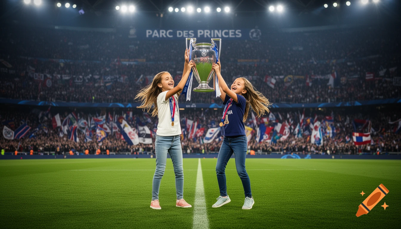 Two smiling girls on a football field holding a large silver trophy, with a stadium and cheering crowd in the background.