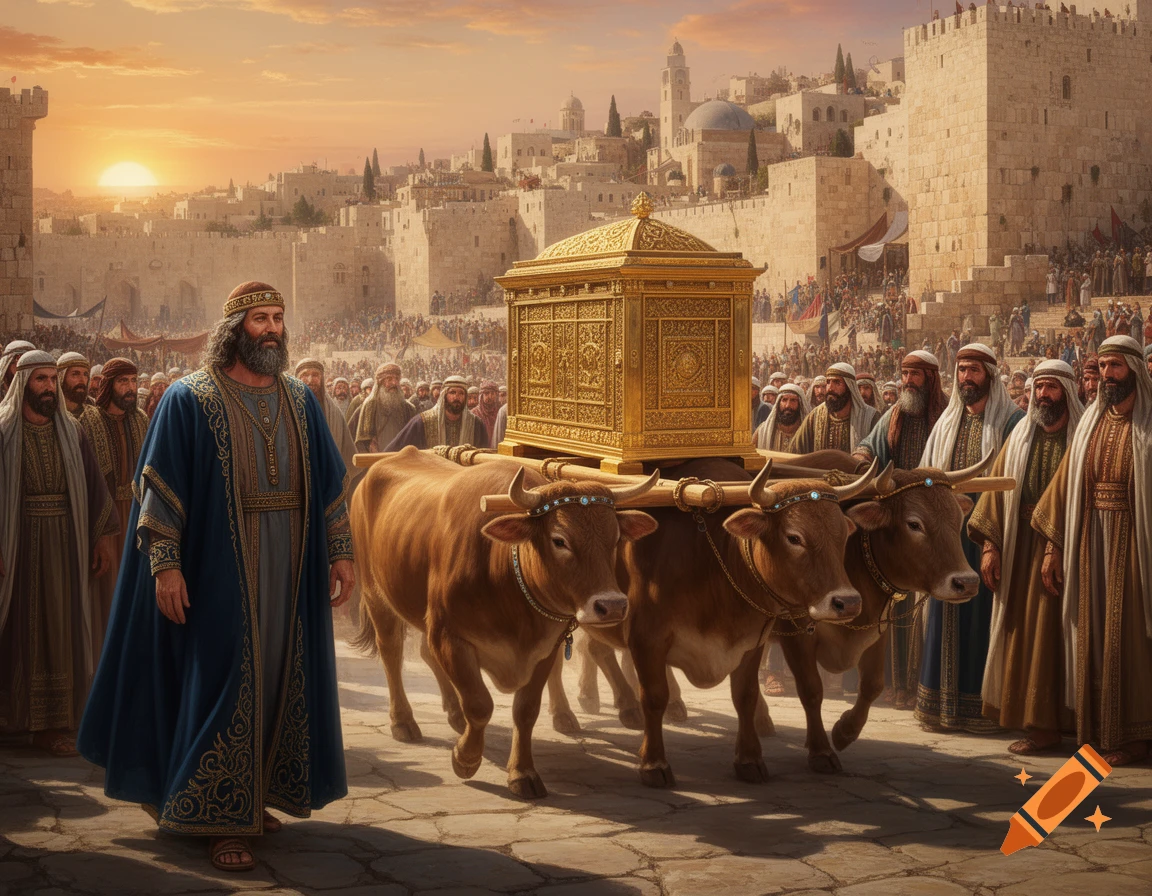 King David in a blue robe leads oxen pulling the golden Ark of the Covenant through a crowded ancient city at sunset.