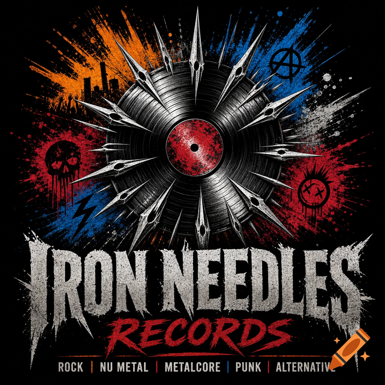 A grunge-style logo featuring a vinyl record with spikes, paint splatters, and text 'IRON NEEDLES RECORDS' for a music shop.