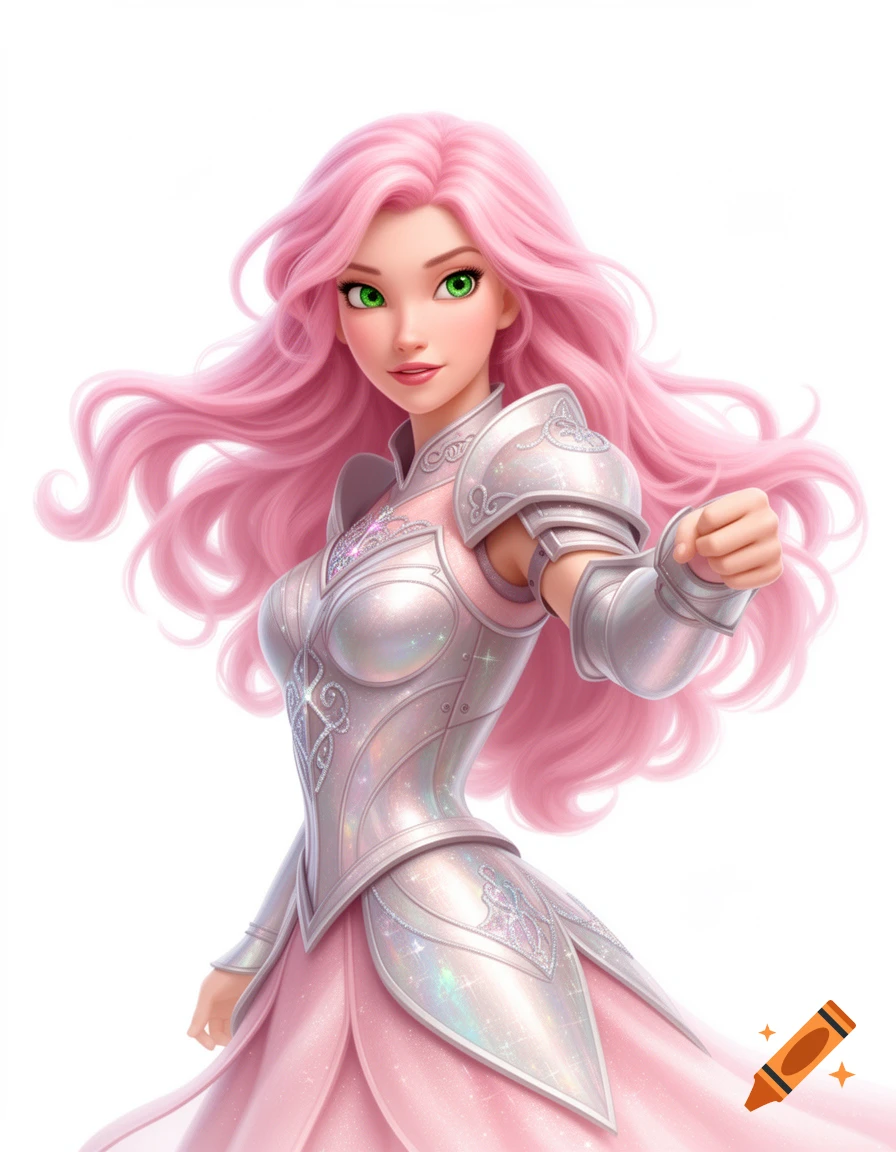 A pink-haired, green-eyed warrior princess in shimmering silver armor and a pink dress, ready for action.