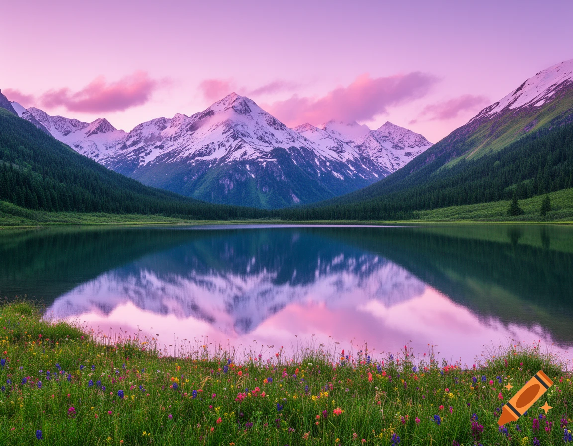 A serene mountain lake reflects snow-capped peaks and a pink sky, with a foreground of green grass and colorful wildflowers.