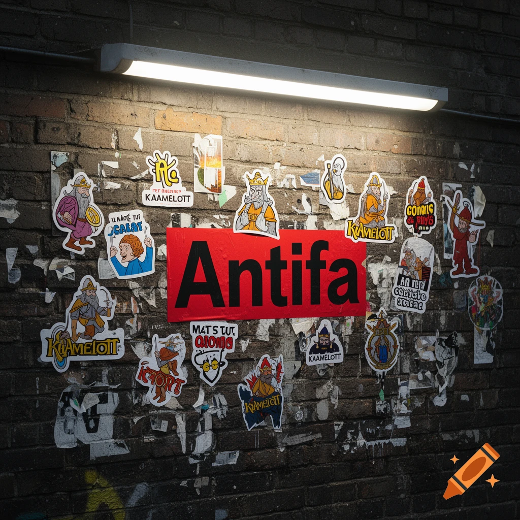 A brick wall covered in numerous cartoon stickers, including a large red Antifa banner and several Kaamelott-themed stickers, illuminated by an overhead fluorescent light.