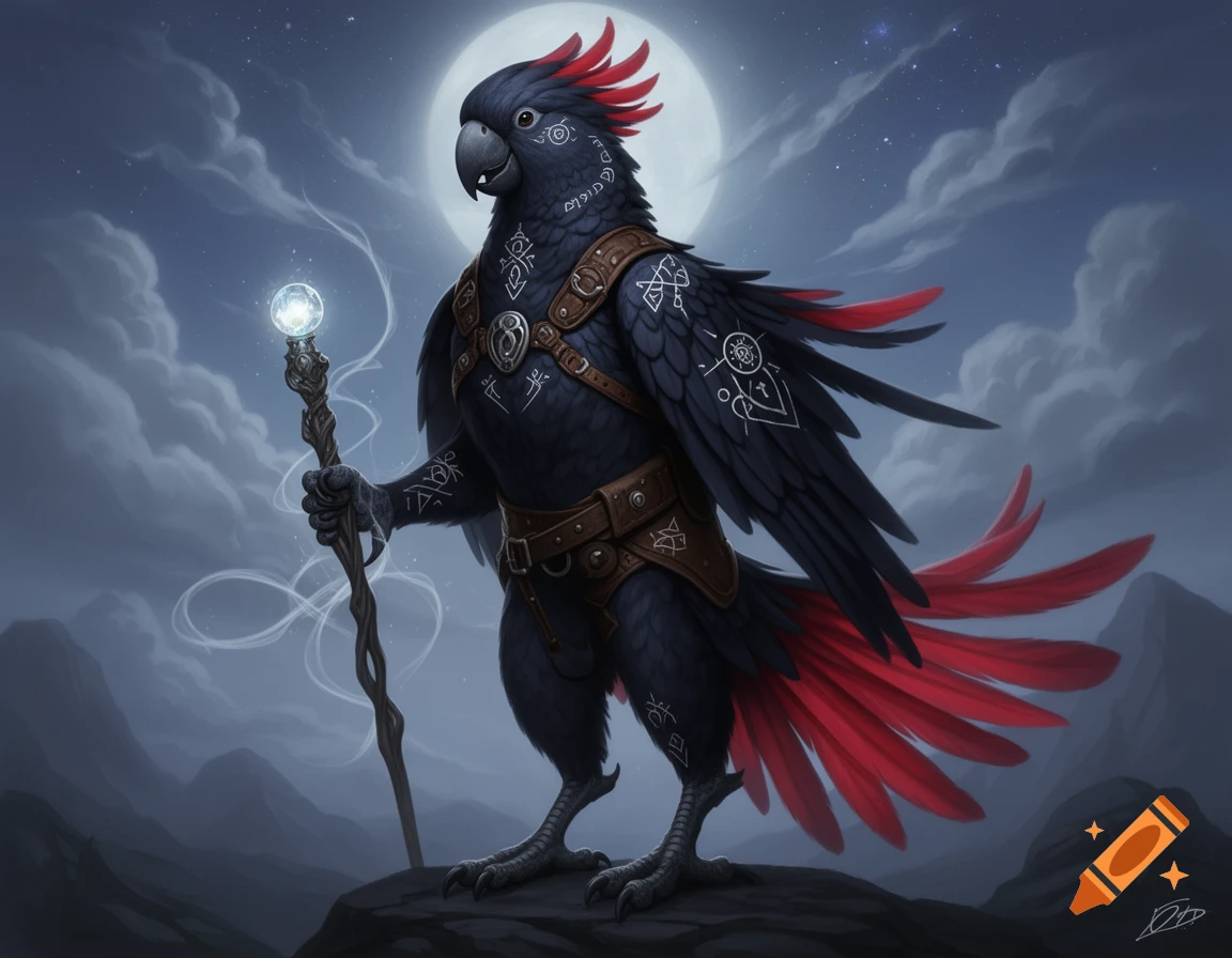 A majestic black cockatoo-like aarakocra character with red tail feathers and a red crest, wearing leather straps with white runes, holds a glowing staff under a full moon in a nighttime mountain landscape, digital art.