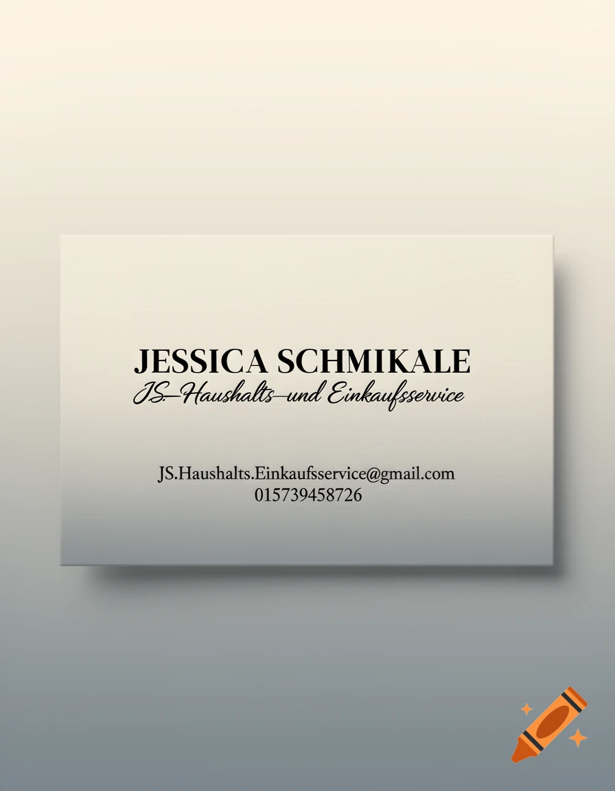 A white business card with the name Jessica Schmikale, a household and shopping service, and contact details including an email and phone number, displayed against a soft gradient background.