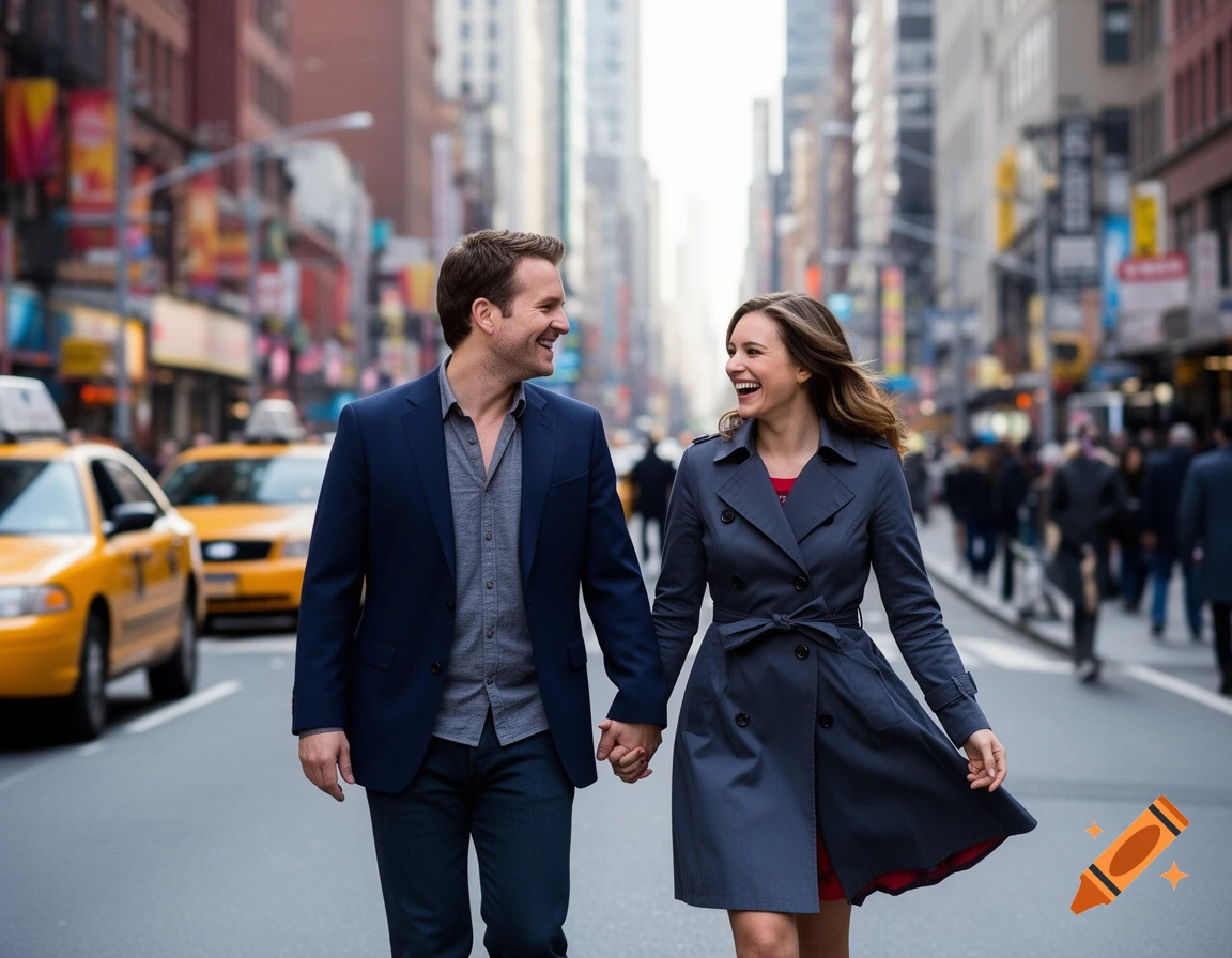 A happy couple holding hands and smiling as they walk down a busy New York City street with yellow taxis.