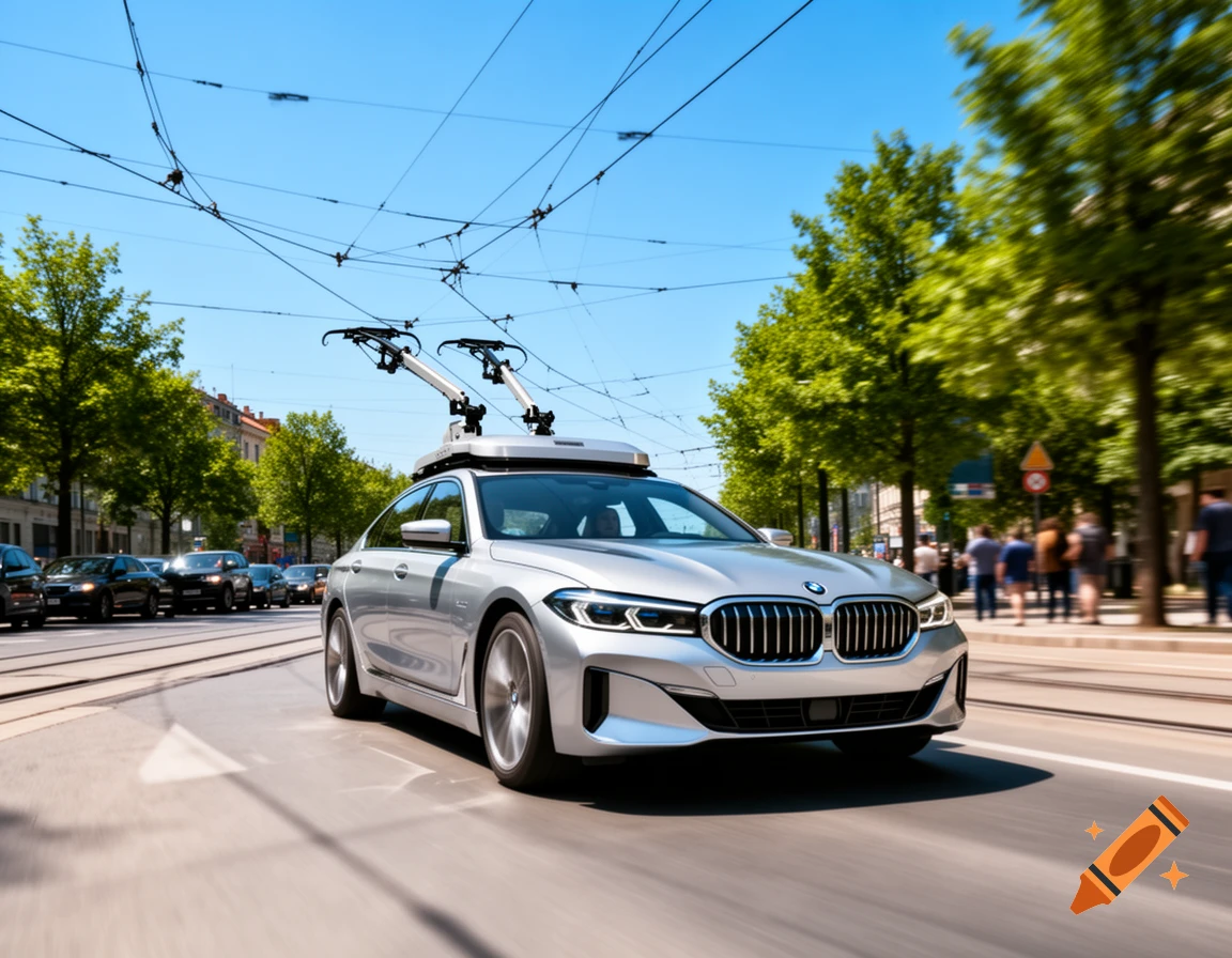A silver BMW sedan with roof-mounted current collectors drives on a city street beneath overhead trolleybus wires.