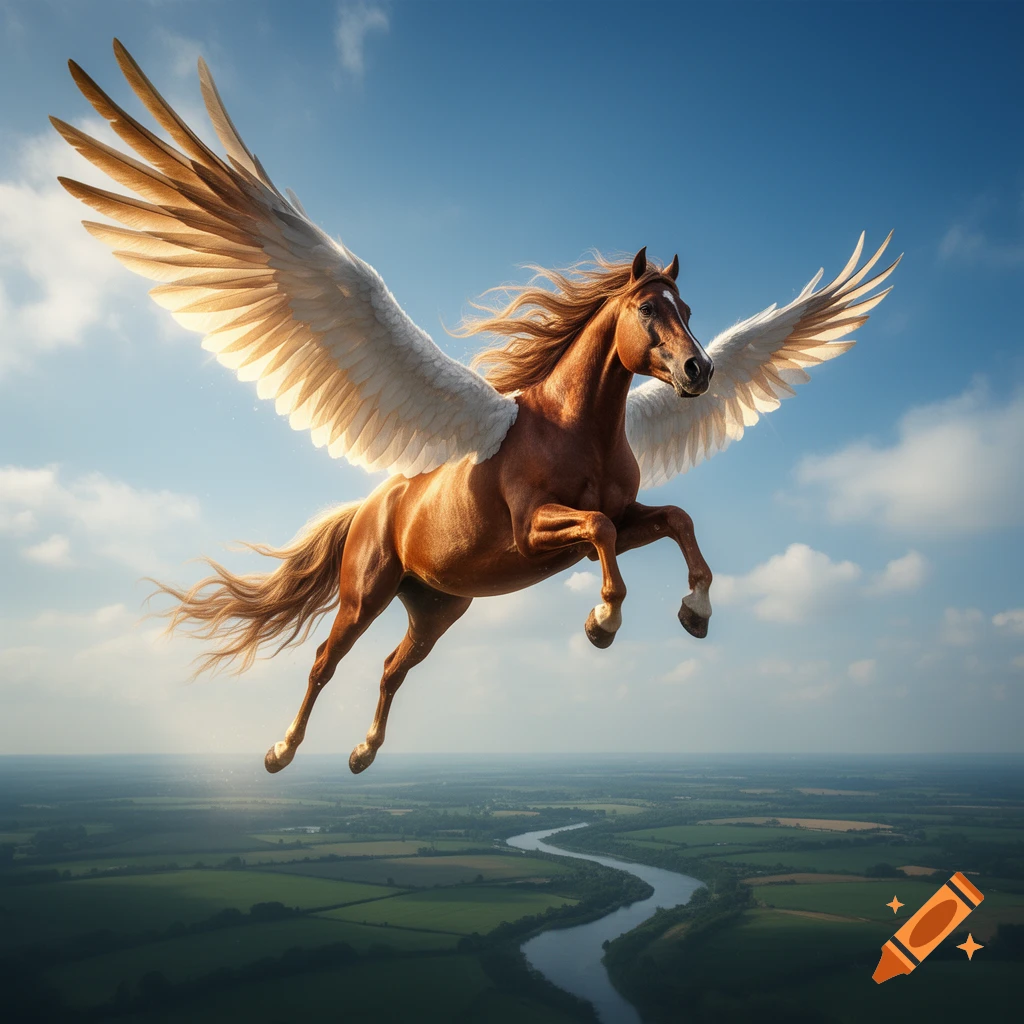 Photorealistic image of a majestic brown Pegasus with white wings flying high in a blue sky over a green landscape and winding river.