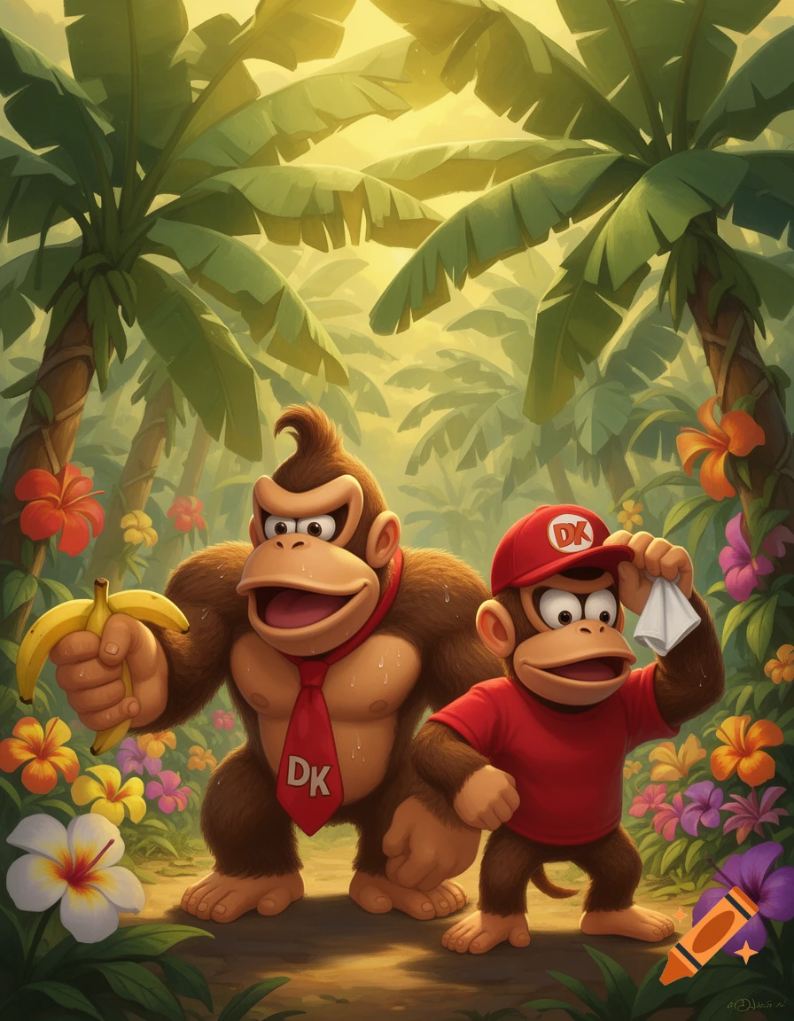 Donkey Kong holds a banana while Diddy Kong wipes his brow in a vibrant jungle, both looking hot and sweaty.