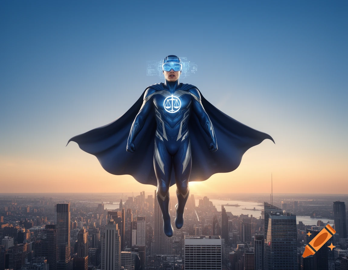 A superhero in a blue suit with a glowing scales of justice emblem and VR goggles floats above a sprawling city at sunset.