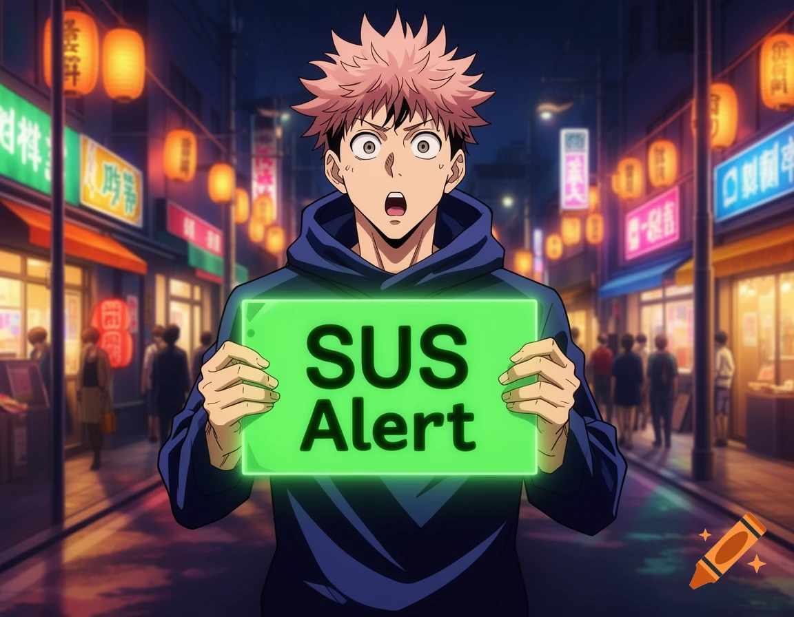 Anime character resembling Yuji Itadori holds a glowing green 'SUS Alert' sign in a nighttime Japanese street scene.