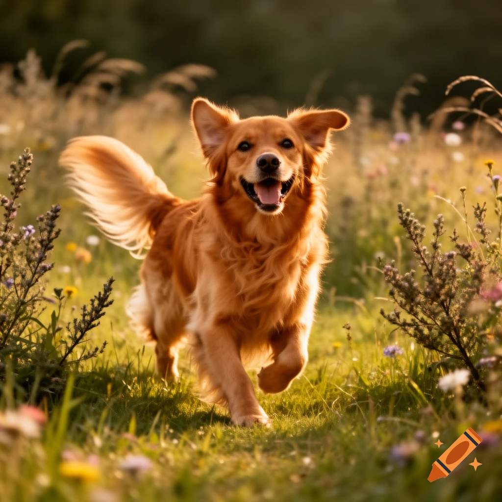 A happy golden retriever runs through a sunlit field with wildflowers.