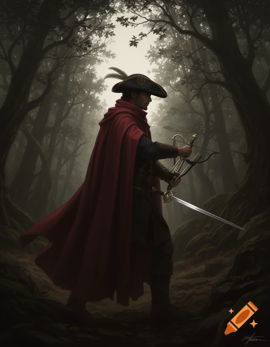 A brooding ranger in a red cloak and feathered cap, wielding a rapier and hand crossbow, stands in a dark, misty forest.