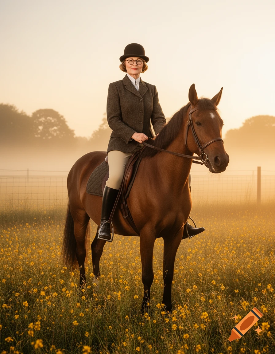 An older woman in a bowler hat and riding attire on a brown horse in a sunny field of yellow flowers.