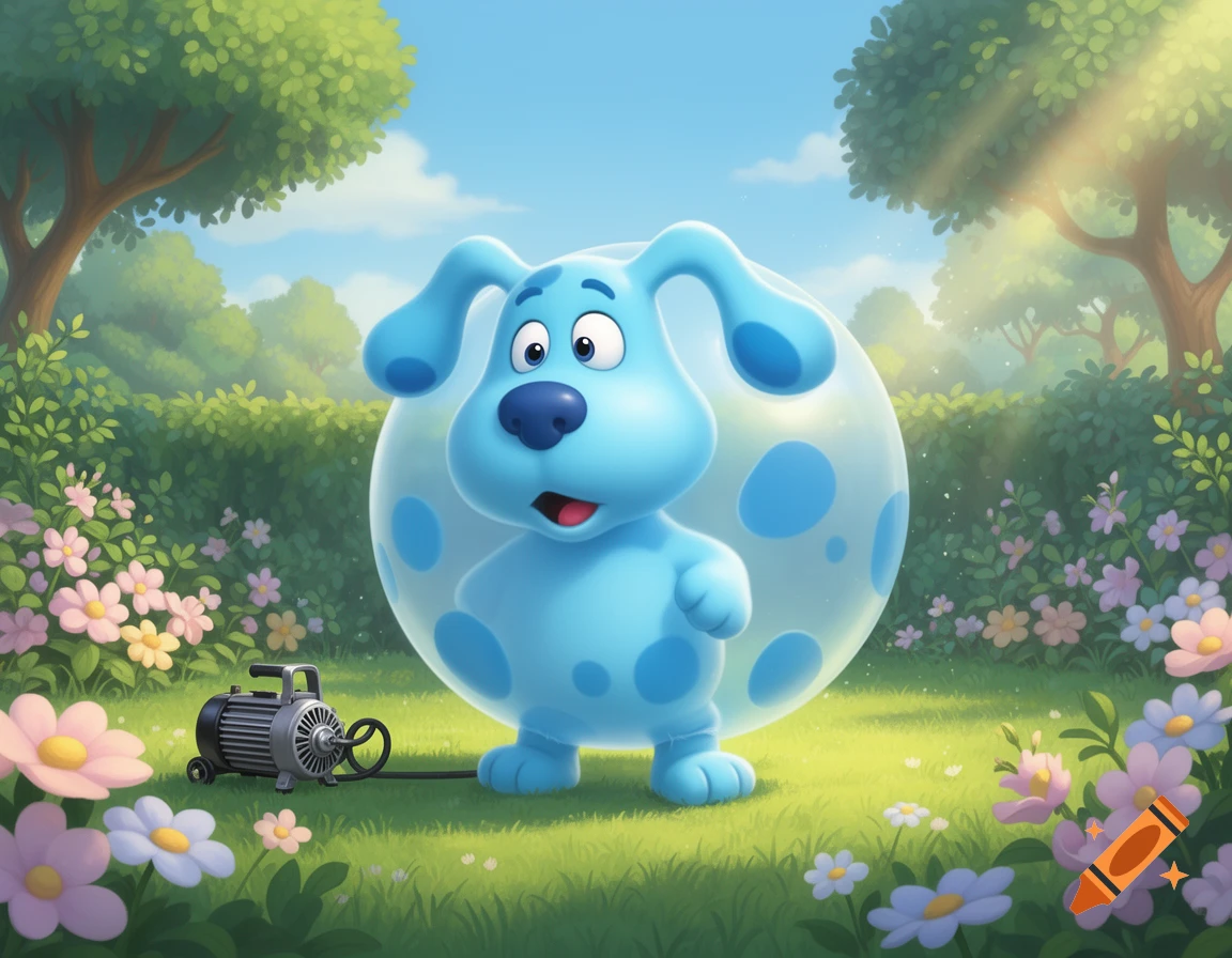 Animated blue dog, Blue from Blue's Clues, inside a clear bubble, being inflated by an air pump in a vibrant garden.