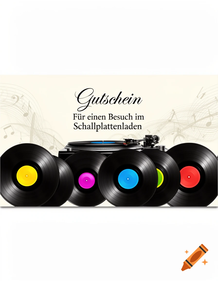Gift voucher design with 'Gutschein' text, featuring colorful vinyl records, a turntable, and musical notes.