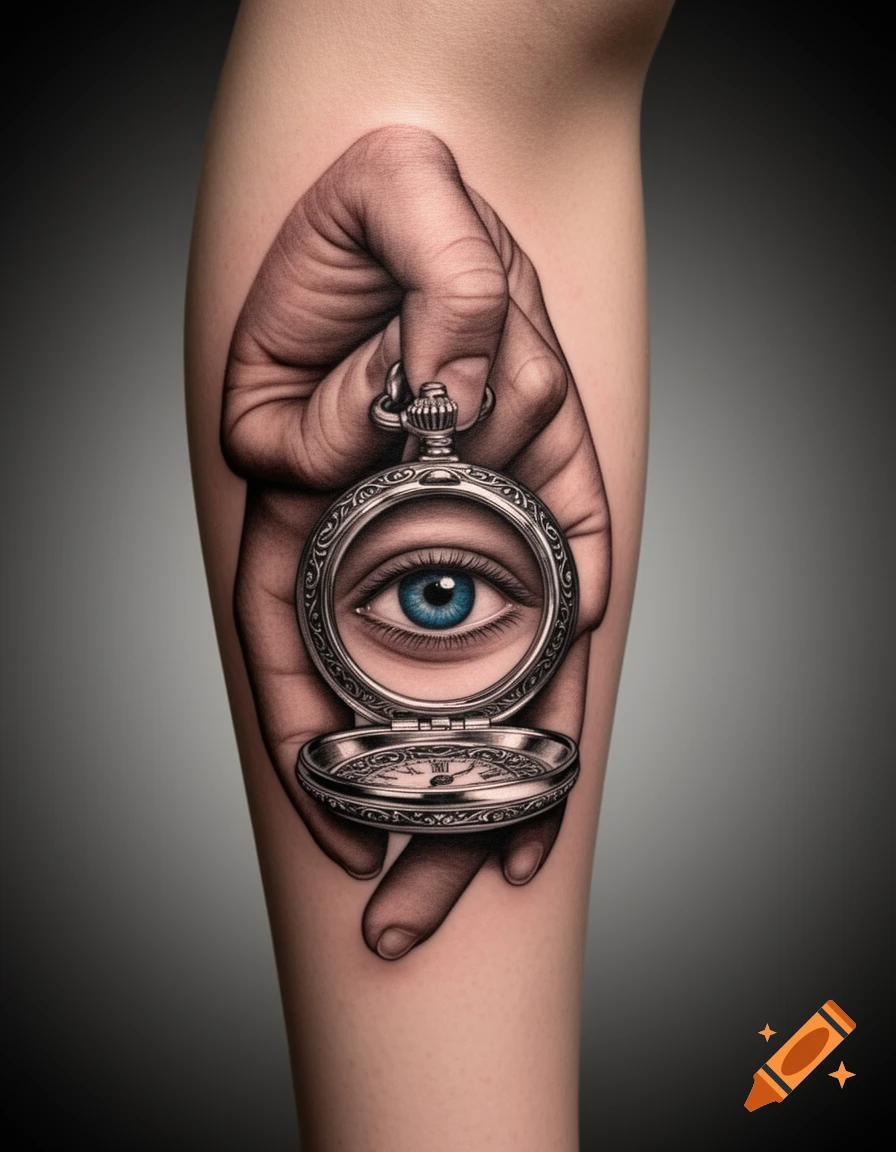 Detailed tattoo on an arm depicting a hand holding an open pocket watch with a realistic blue eye inside.