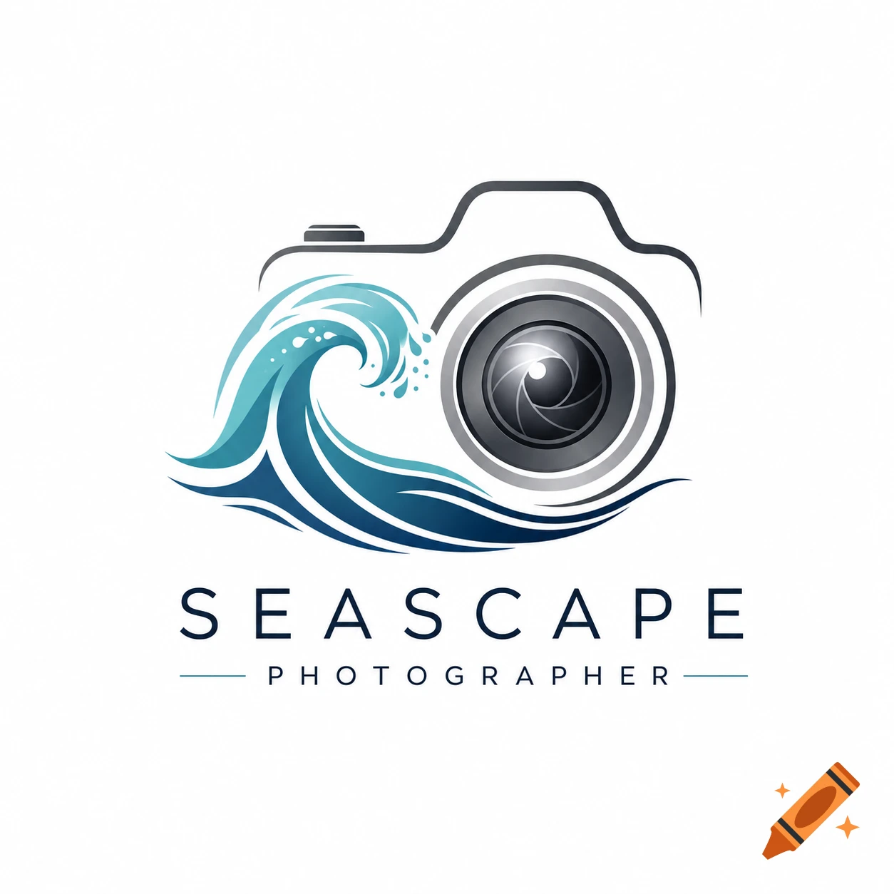 A logo featuring a camera with a blue wave flowing through its base, with the text "SEASCAPE PHOTOGRAPHER" below.