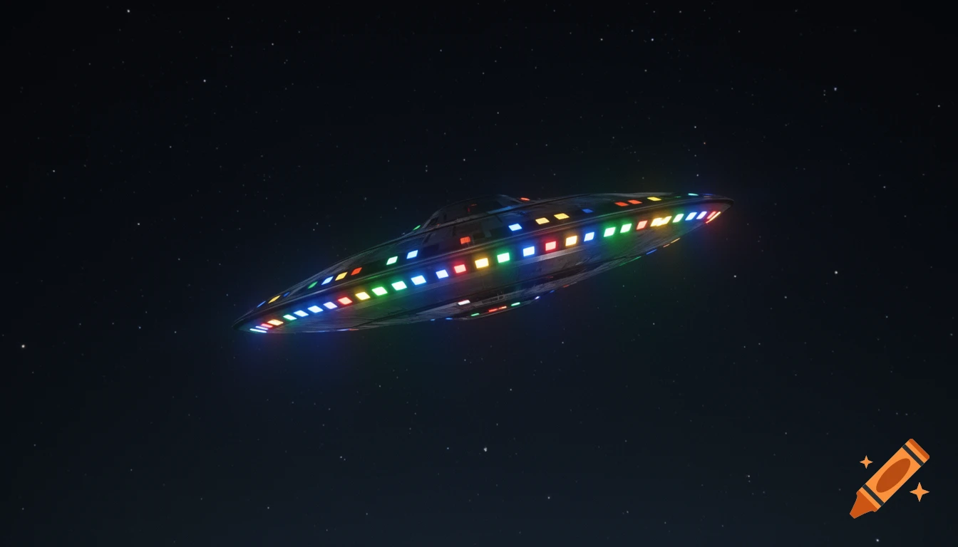 A metallic elongated UFO with glowing square lights in multiple colors flies through a star-filled dark night sky.