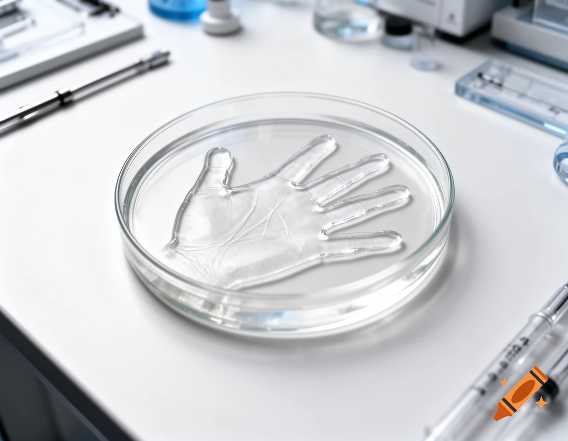 A transparent handprint in a petri dish on a white lab table with scientific equipment, photorealistic.