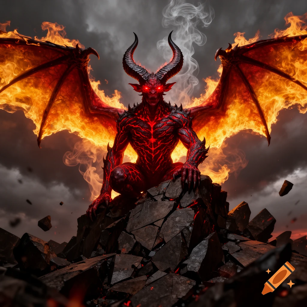 A menacing red demon with large horns, glowing red eyes, and flaming wings sits on a pile of broken rocks, with smoke rising in the background.