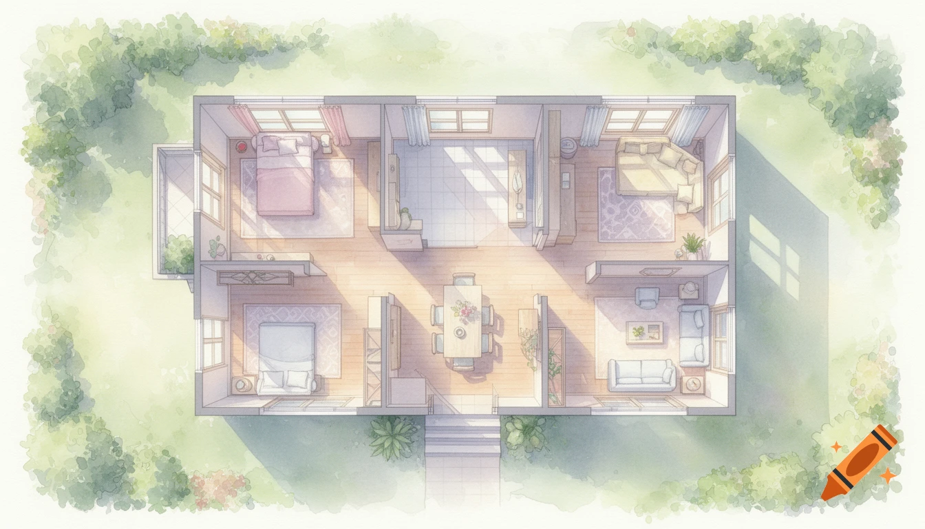 Top-down watercolor illustration of a house floor plan with rooms, furniture, and surrounding greenery.