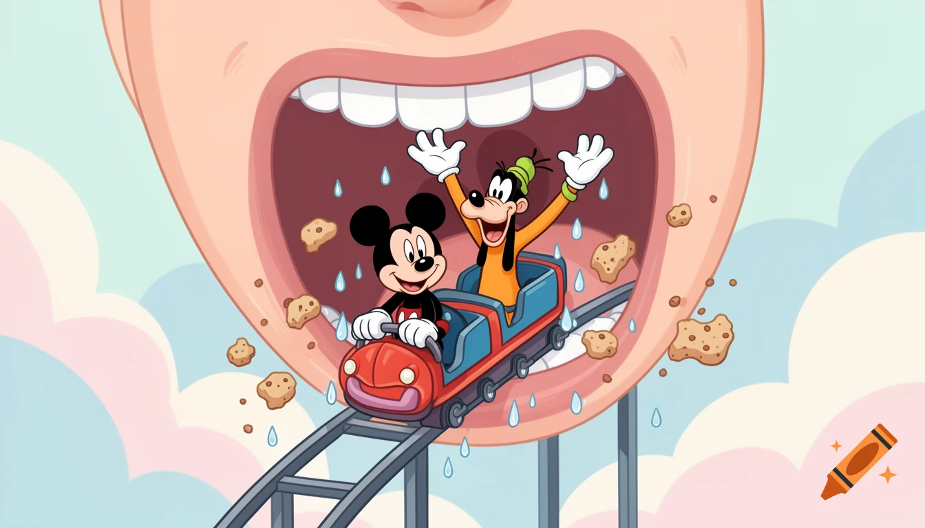 Mickey Mouse and Goofy ride a roller coaster inside a giant human mouth with cookies and saliva in a cartoon style.