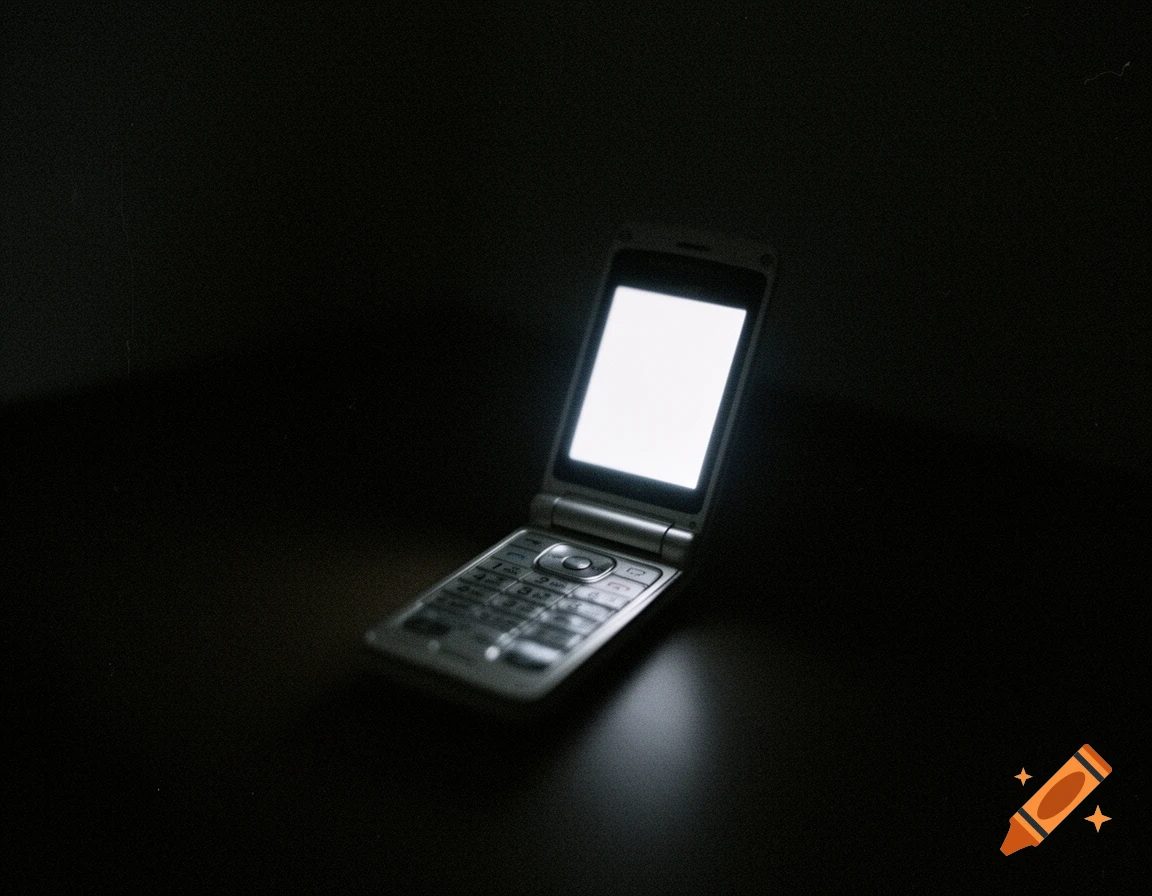 A silver Japanese flip phone with a glowing white screen sits open in a dark, grainy room, emitting a soft light.