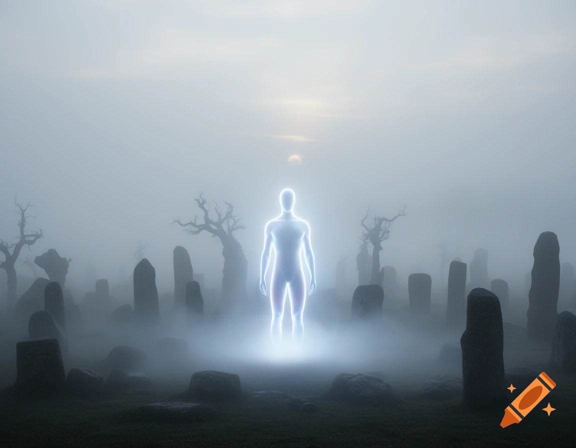 A glowing, featureless humanoid figure stands amidst ancient stone pillars and gnarled trees in a dense, mystical fog.
