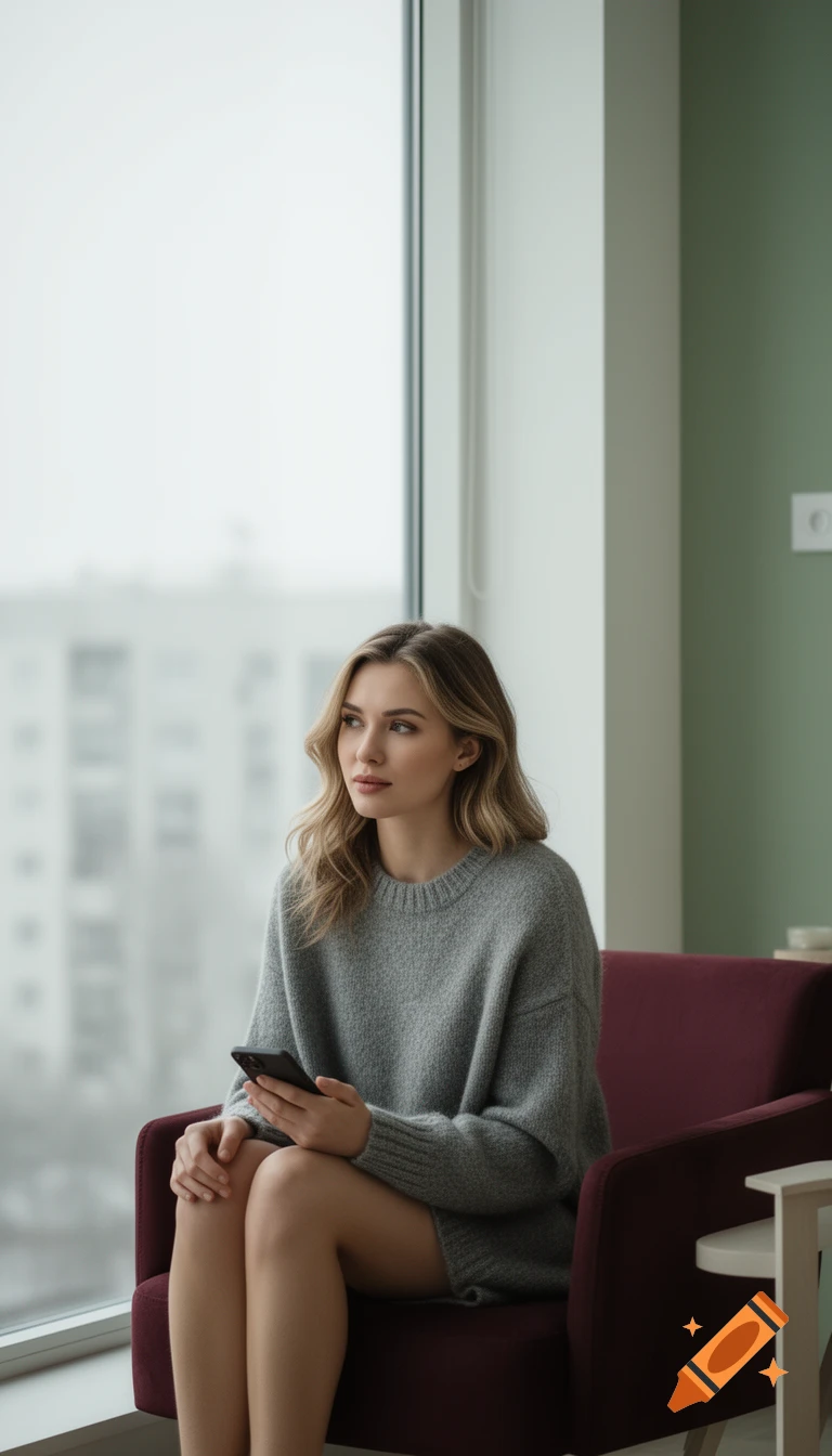 Photorealistic portrait of a young woman with wavy blonde hair in a gray sweater, sitting in a burgundy armchair by a large window, holding a phone.