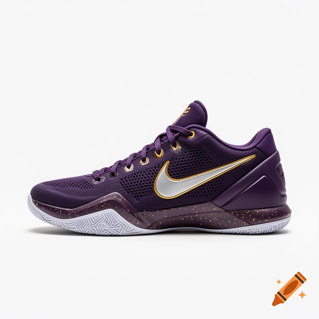 A purple and gold Nike basketball shoe with a silver swoosh, gold trim, and a speckled sole, against a white background.