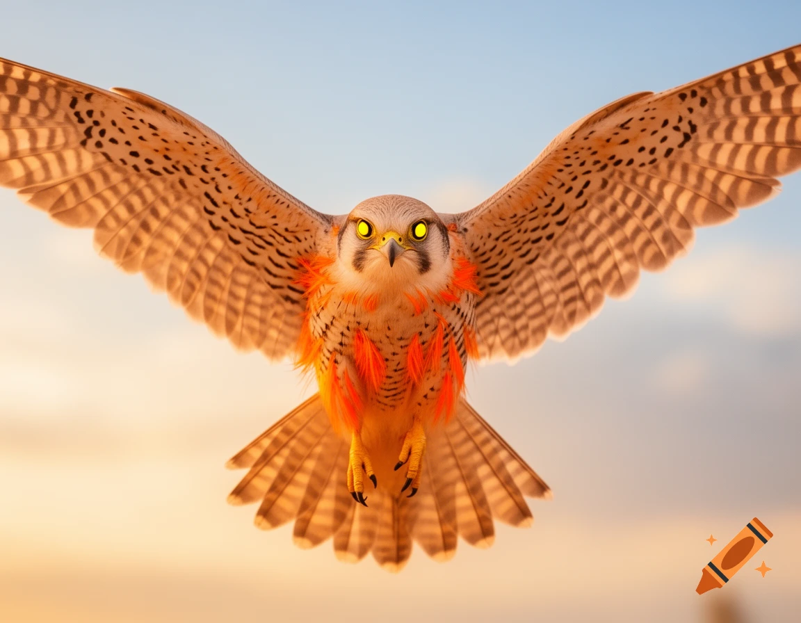 A photorealistic leucistic falcon with golden and orange feathers and blazing yellow eyes flies with outstretched wings against a soft sky.