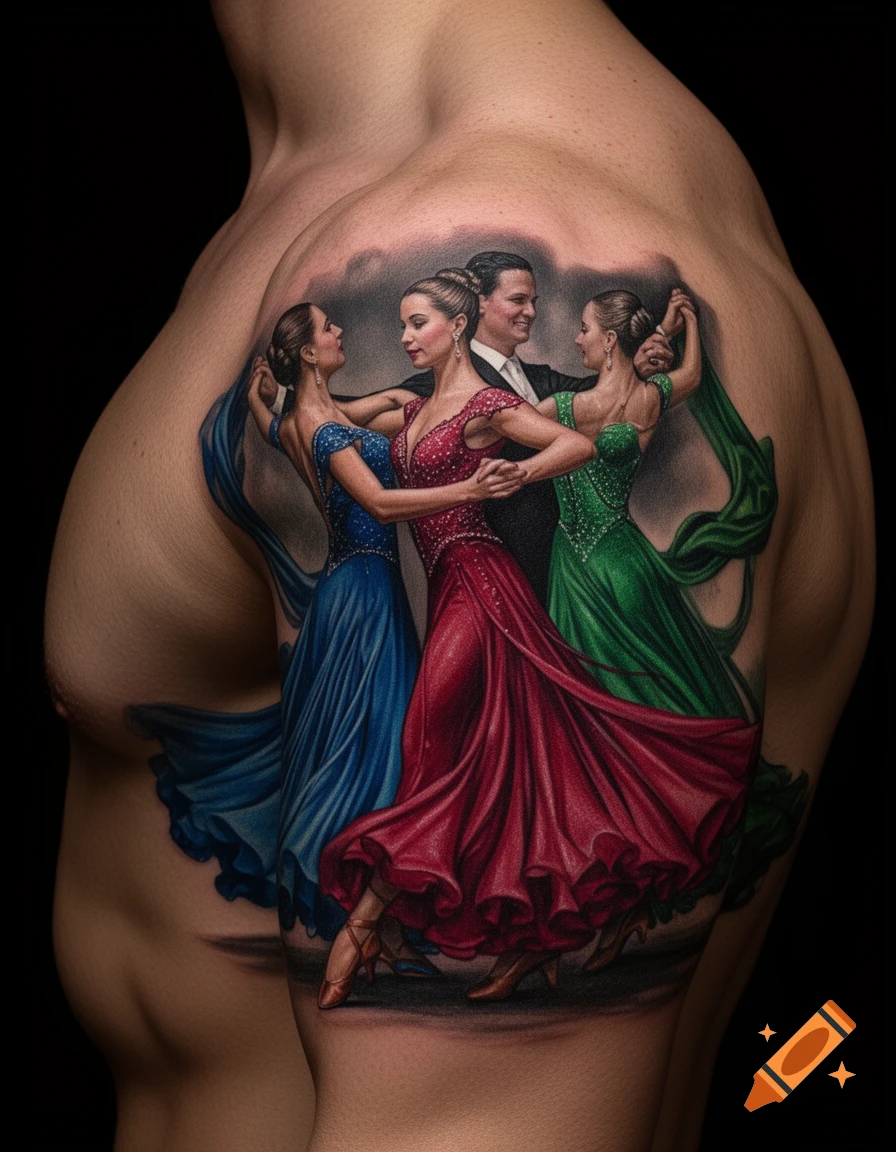 A detailed tattoo on a person's shoulder and back depicts a man dancing with three women in red, blue, and green ballroom gowns.