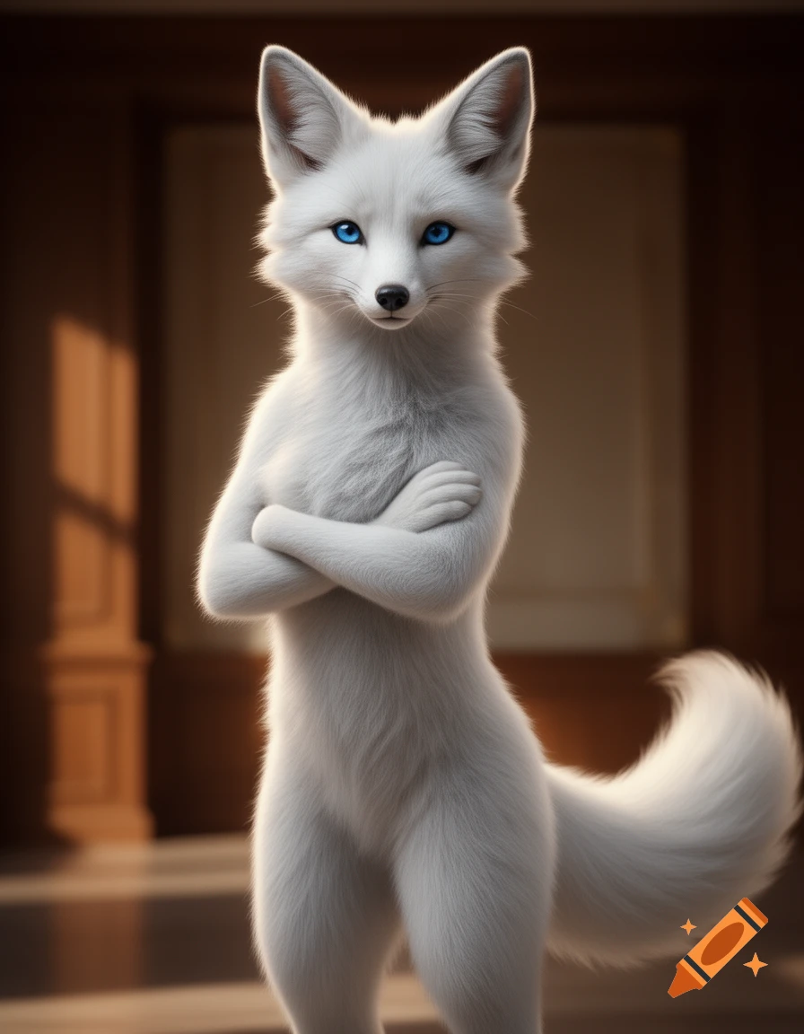 A photorealistic white anthropomorphic fox with bright blue eyes stands with arms crossed, looking forward in a warm, dimly lit room.