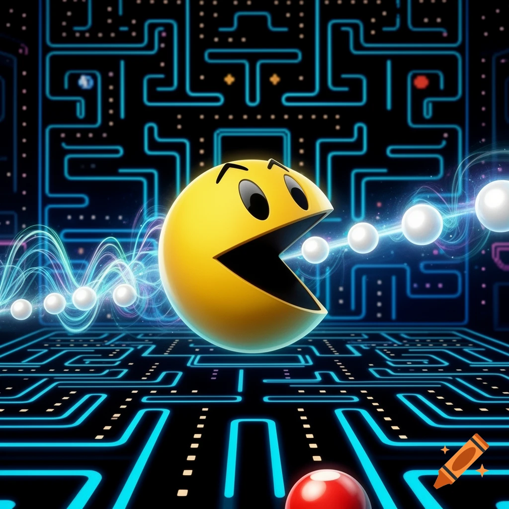 A vibrant 3D rendering of Pac-Man eating power pellets in a futuristic, glowing blue maze with a red pellet below.