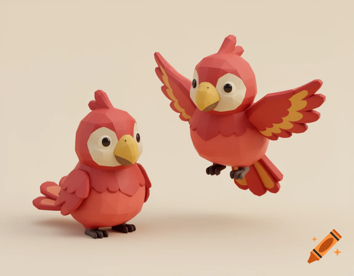 Two cute red low-poly cartoon parrots; one stands while the other flies with spread yellow and red wings, 3D character art.