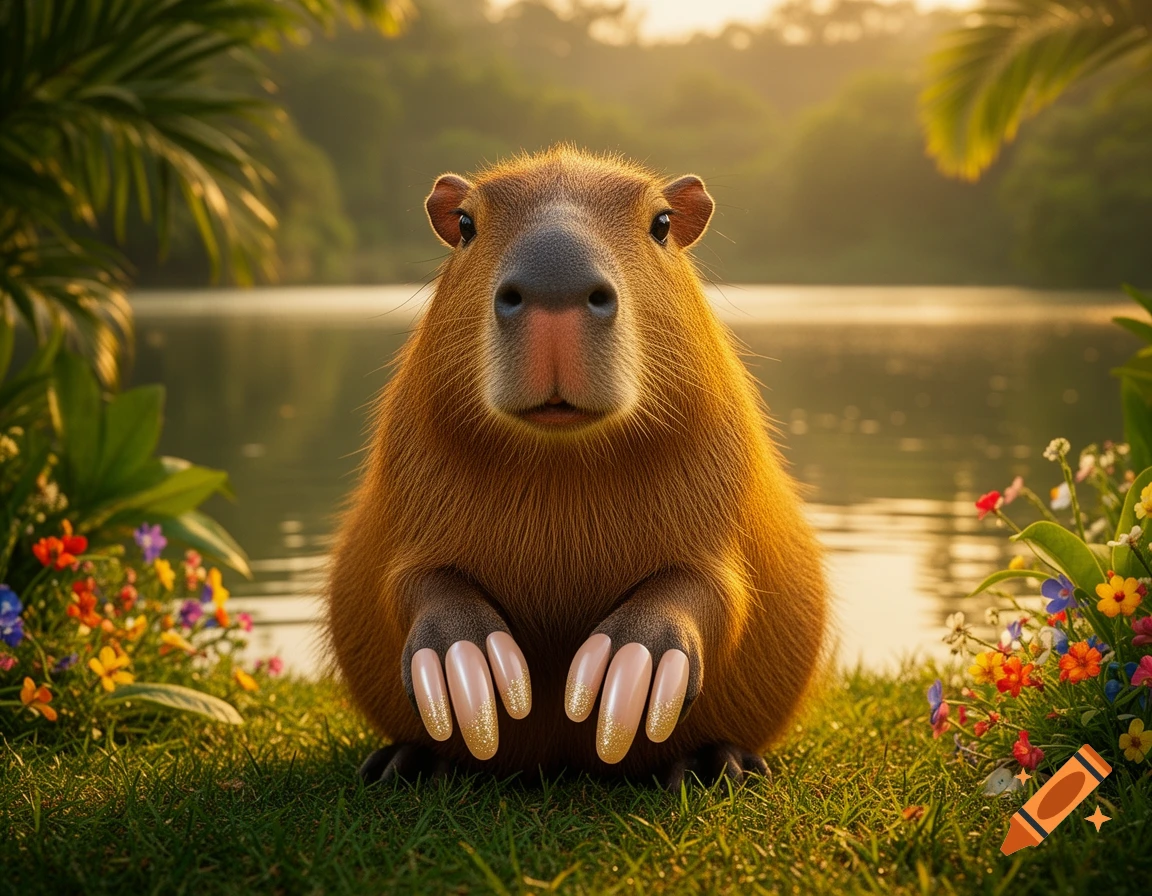 An ultra-realistic capybara with long, golden and nude pearlescent nails sits by a lake at golden hour, surrounded by grass and wildflowers.